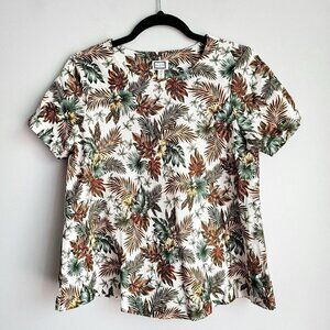 Mo:Vint Cream Floral Leaves Linen Cotton Blend Vintage Boho Swing Flared Top